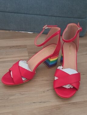 ModCloth Red Ankle-Strap Block Heel Sandals with Rainbow Heel